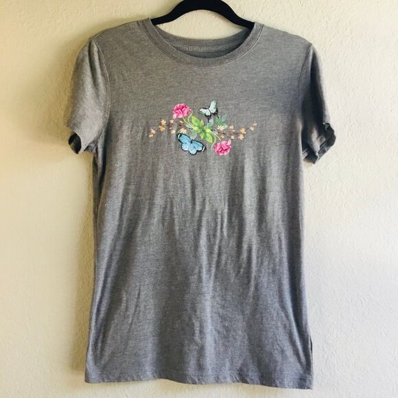 Super soft grey tee with butterflies blossom & flowers classic crew stretchy L - Picture 1 of 5
